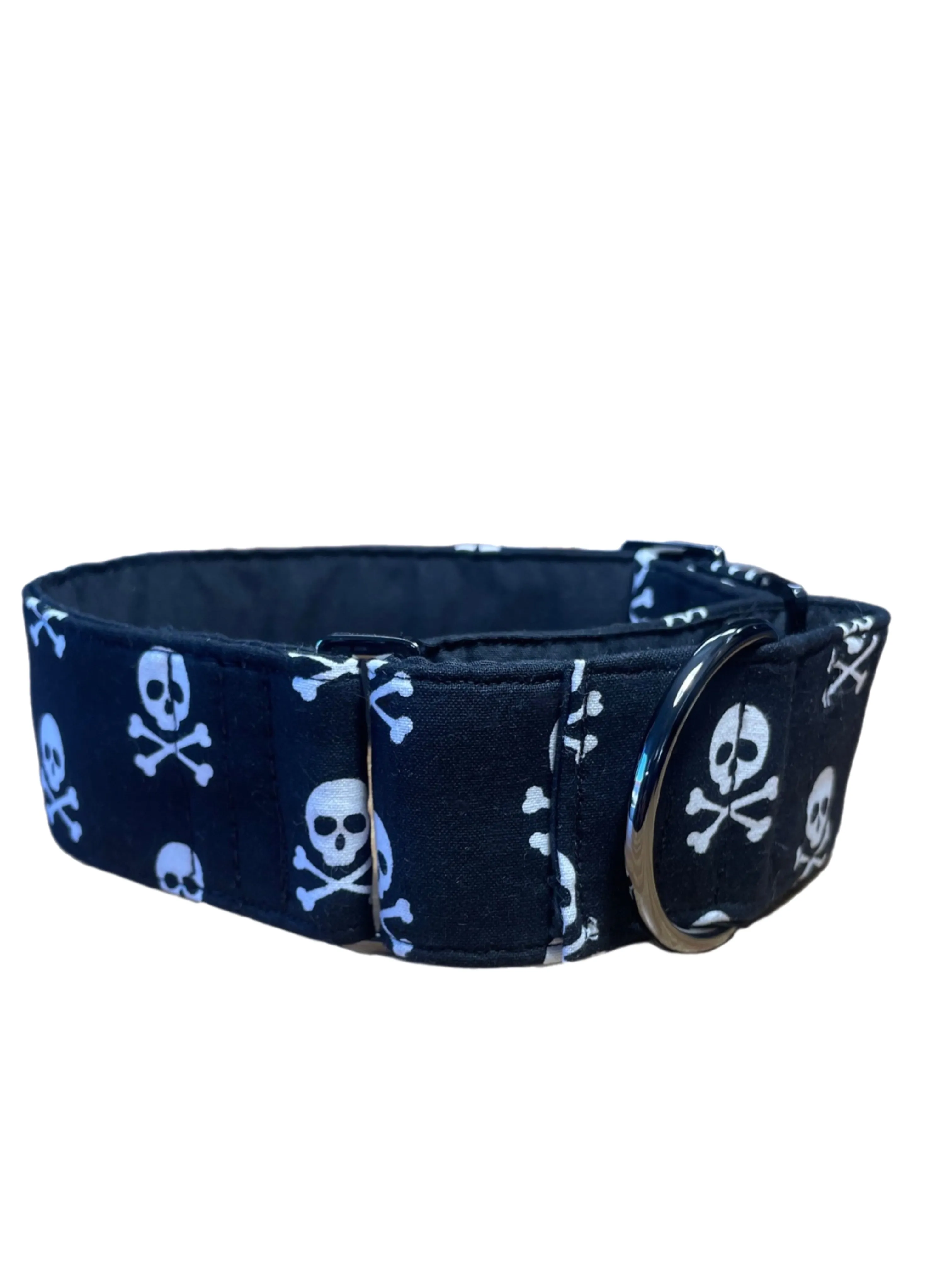 Black & white pirate skull & crossbones greyhound Martingale collar cotton covered 50mm width super soft